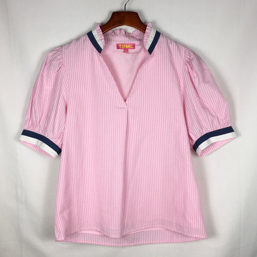 THML Puff Sleeve White Pink Stripe Pullover Blouse Top Women's Size S